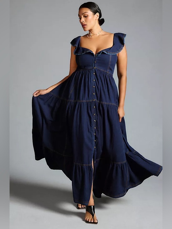 Pilcro Dresses & Skirts - New Anthropologie Pilcro Sweetheart Flutter-Sleeve Denim Maxi Dress L